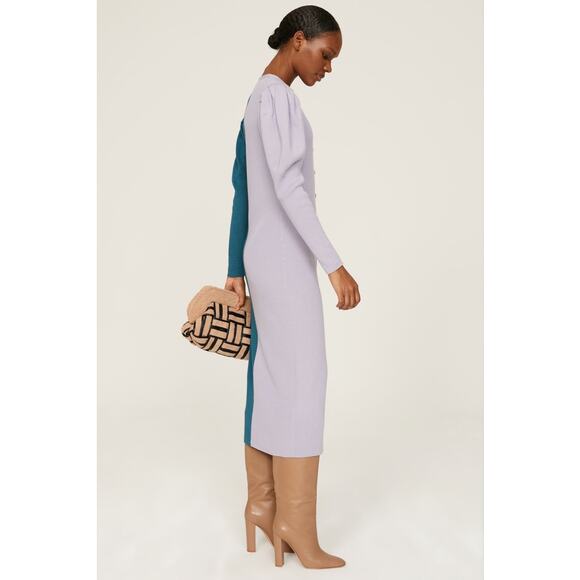 Busayo Ribbed Two-Tone Blue Purple Long Sleeve Sweater Midi Dress Size Small - Picture 2 of 16